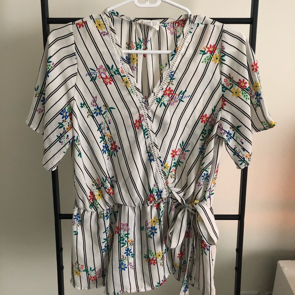 Striped, Floral, Front Tie Tunic